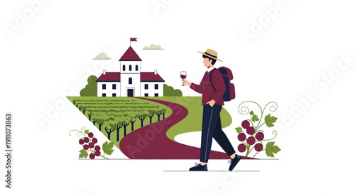 Vineyard Tour Visitor Enjoying Wine And Scenic Estate Landscape