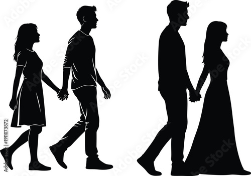 Silhouette of two couples walking hand in hand in love