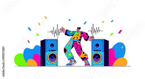 Vibrant Dancer Celebrates Music With Speakers And Confetti