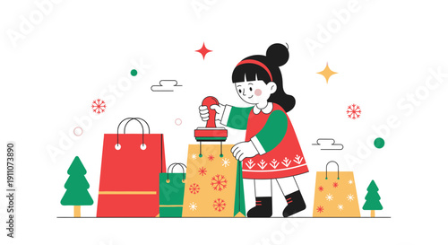 Whimsical Child Decorates Holiday Shopping Bags With Festive Stamps And Christmas Cheer