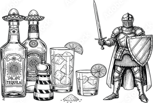Vintage tequila illustration with bottles, salt and lime glasses paired with medieval knight warrior holding sword and shield in detailed black and white engraving style