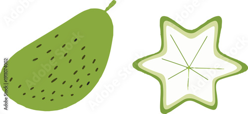 Fresh Carambola Duo Highlights the combination of the whole fruit and its iconic star-shaped slice