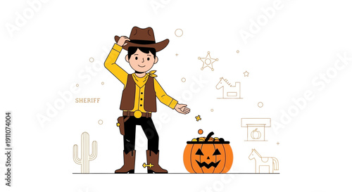 Whimsical Cowboy Character With Halloween Pumpkin And Western Accents