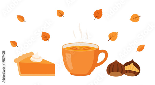Warm Autumn Delights A Slice Of Pie And Hot Drink With Falling Leaves
