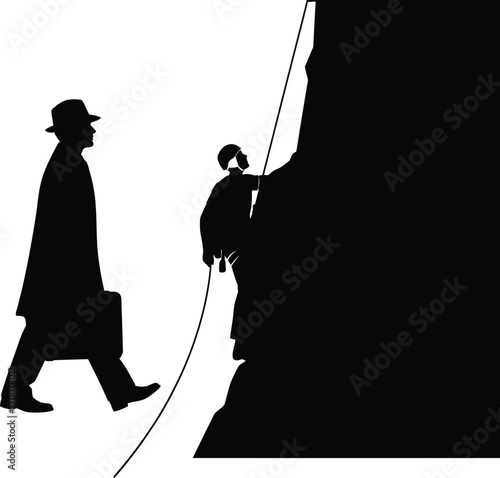 Silhouette of a man walking and another climbing a mountain with a rope