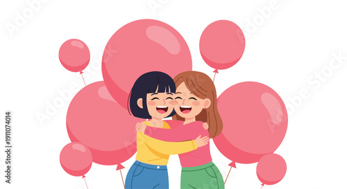 Two happy women with cheerful expressions hug tightly surrounded by large pink balloons floating against a white background.