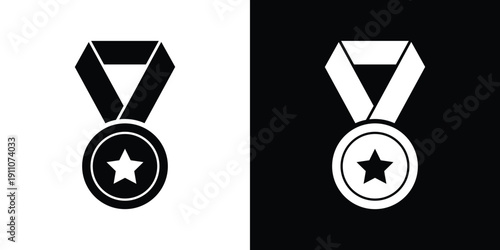 Black and white medal with star and ribbon on contrasting backgrounds