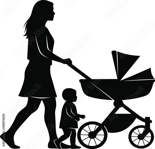 Silhouette of a woman pushing a stroller with a toddler