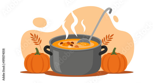 Warm Harvest Soup Pot With Pumpkins And Autumn Leaves