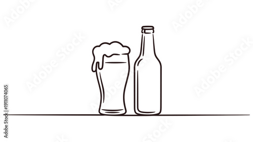 Simple line drawing of a beer glass and bottle side by side