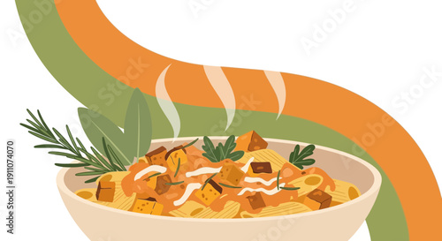 Warm Pasta Dish With Vegetables And Herbs In A Bowl With Abstract Background