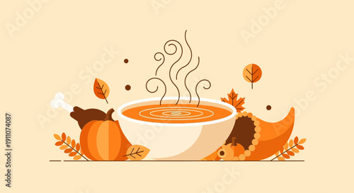 Warm Thanksgiving Harvest Feast Comforting Bowl Of Soup And Turkey Leg