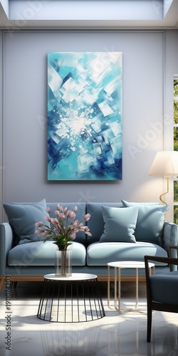 Modern living room featuring a bright blue abstract painting, soft blue sofa, and elegant decor elements for a calming ambiance.