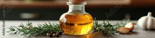 Rosemary infused oil in a glass bottle.