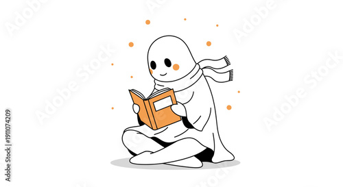 Whimsical Ghost Reading A Book Cozy Scarf Autumn Vibes Simple Illustration