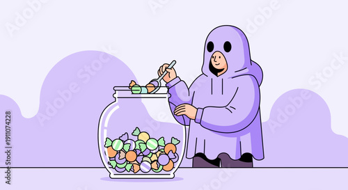 Whimsical Ghost Scooping Candy Jar Fun Illustration
