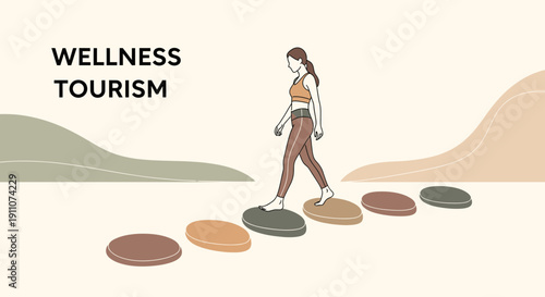 Wellness Tourism Journey Concept Woman Walking On Stepping Stones Towards Serene Landscape