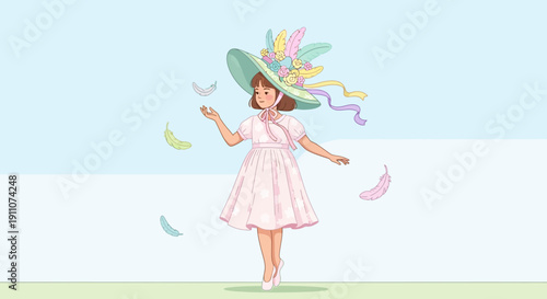 Whimsical Girl In Floaty Dress And Feathered Hat Amidst Falling Feathers