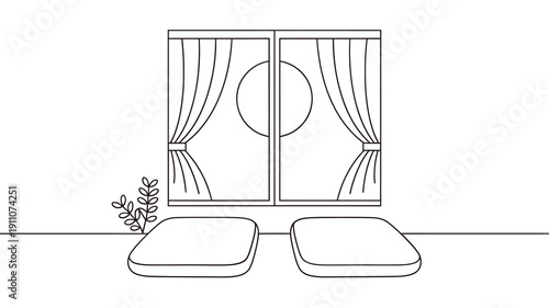 Simple line drawing of a window with curtains and floor cushions