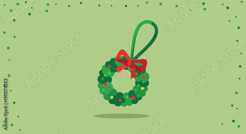 Whimsical Green Wreath With Red Bow Festive Ornament Simple Vector Art