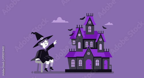 Whimsical Halloween Scene With Young Witch And Spooky Mansion