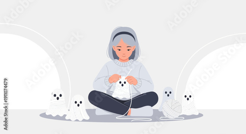 Whimsical Knitting Session With Adorable Ghost Companions For Halloween Crafts