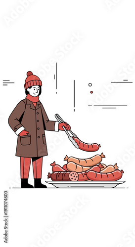 Winter Culinary Delight Serving Sausages A Festive Food Scene Illustration