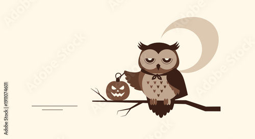 Whimsical Owl With Jack O Lantern On A Branch Under A Crescent Moon