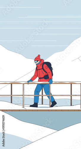 Winter Hiker Crossing Snowy Mountain Bridge Serene Outdoor Adventure