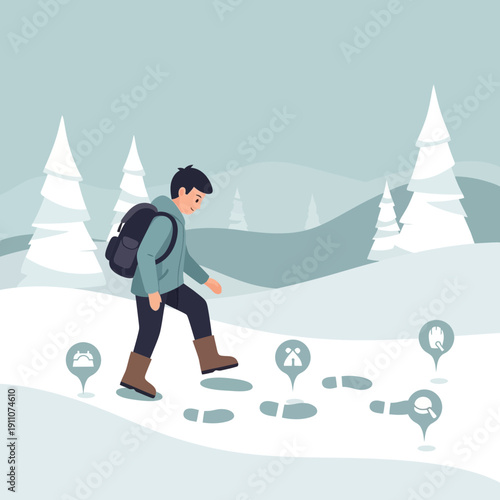 Winter Hiking Adventure Following Digital Trail Markers