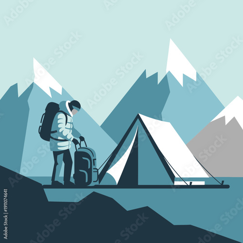 Winter Mountain Expedition Setting Up Camp Adventure Awaiting