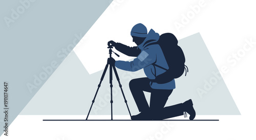 Winter Photographer Capturing Scenic Mountain Views With Tripod Gear