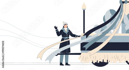 Winter Parade Participant Waves From Festive Decorated Float