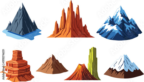 Mountain landscape illustration set with different rocky peaks, volcanic hills and snowy summits representing nature, geography and outdoor scenery isolated on white background flat vector style