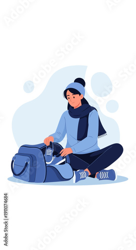 Winter Travel Preparation With A Blue Duffle Bag And Winter Attire