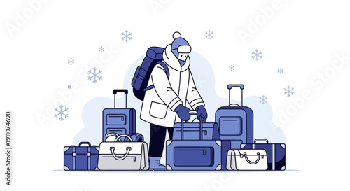 Winter Travel Preparation With Luggage And Snowflakes Illustration