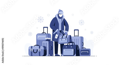Winter Travel Scene Depicts Man With Luggage in Cold Weather and Snowy Environment