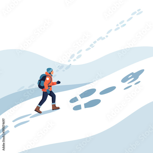 Winter Trekker Ascending Snowy Mountain Trail With Footprints