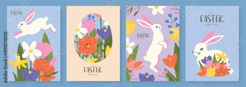 Set of Easter greeting card designs featuring cute white bunnies and colorful spring flowers in trendy grainy texture style for festive seasonal greetings, vector illustration