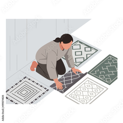 Woman Arranging Bohemian Style Rugs To Decorate Her Home Interior Space