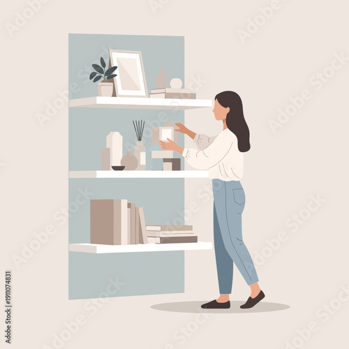 Woman Arranging Decorative Objects On Floating Shelves Creating Modern Home Interior Design