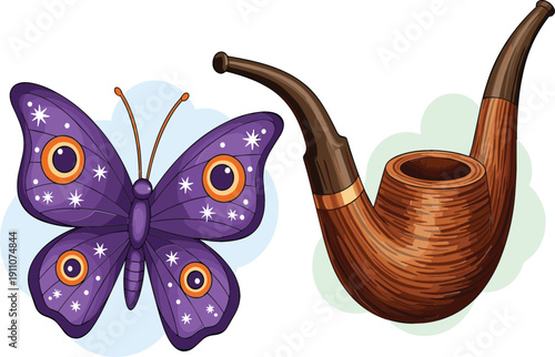 Purple Decorative Butterfly and Classic Wooden Smoking Pipe Vector Illustration Isolated on White Background for Creative and Concept Design