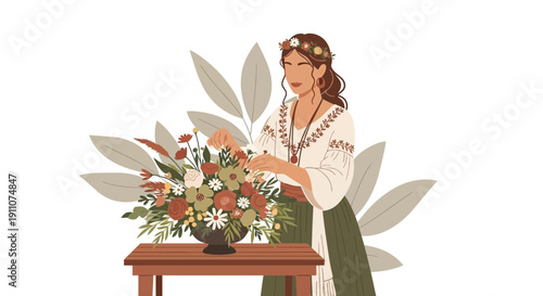 Woman Arranging Floral Bouquet Depicting Bohemian Style And Botanical Beauty