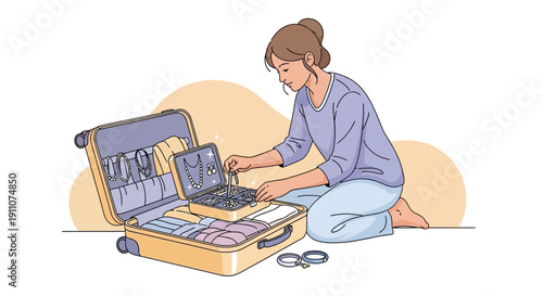 Woman Arranging Jewelry in a Suitcase Preparing for Travel and Packing Accessories