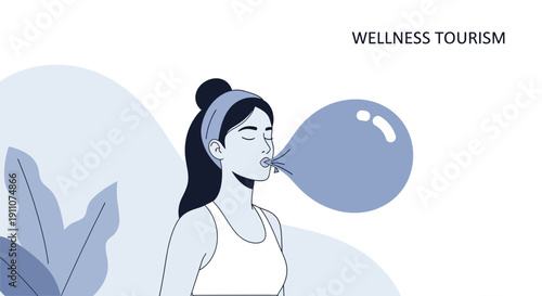 Woman Blowing Balloon Expressing Tranquility And Wellness Tourism Concept