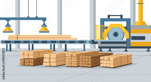 Lumber moves on a conveyor belt towards a cutting machine while stacks of processed wooden planks await shipment in a factory.