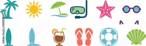 Vibrant Flat Icons for Summer Beach Vacation and Tropical Getaway travel holiday