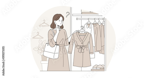 Woman Contemplating Wardrobe Choices With Question Mark Above Head