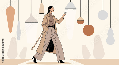 Woman Controlling Smart Lights with Smartphone in a Modern Minimalist Environment