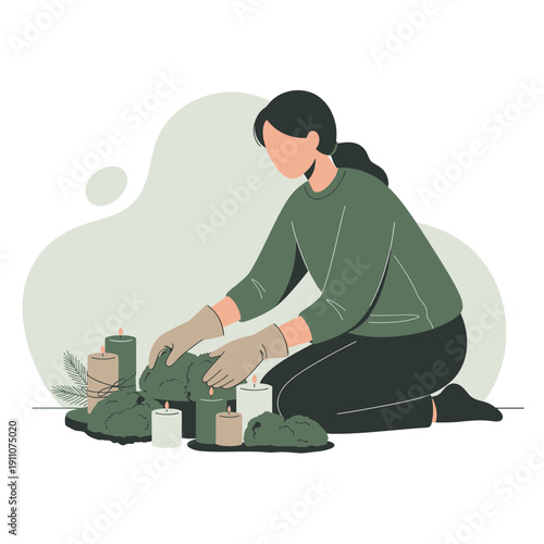 Woman Crafting a Festive Candle Arrangement on the Floor, Embracing Seasonal Ambiance
